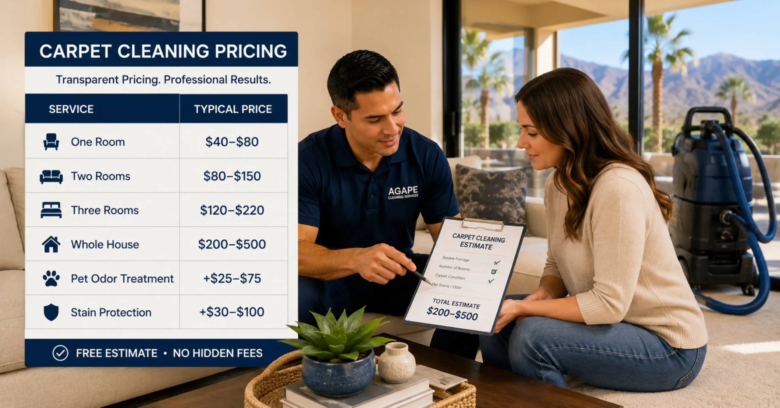 Carpet cleaning cost estimate consultation in a Palm Desert home with professional technician